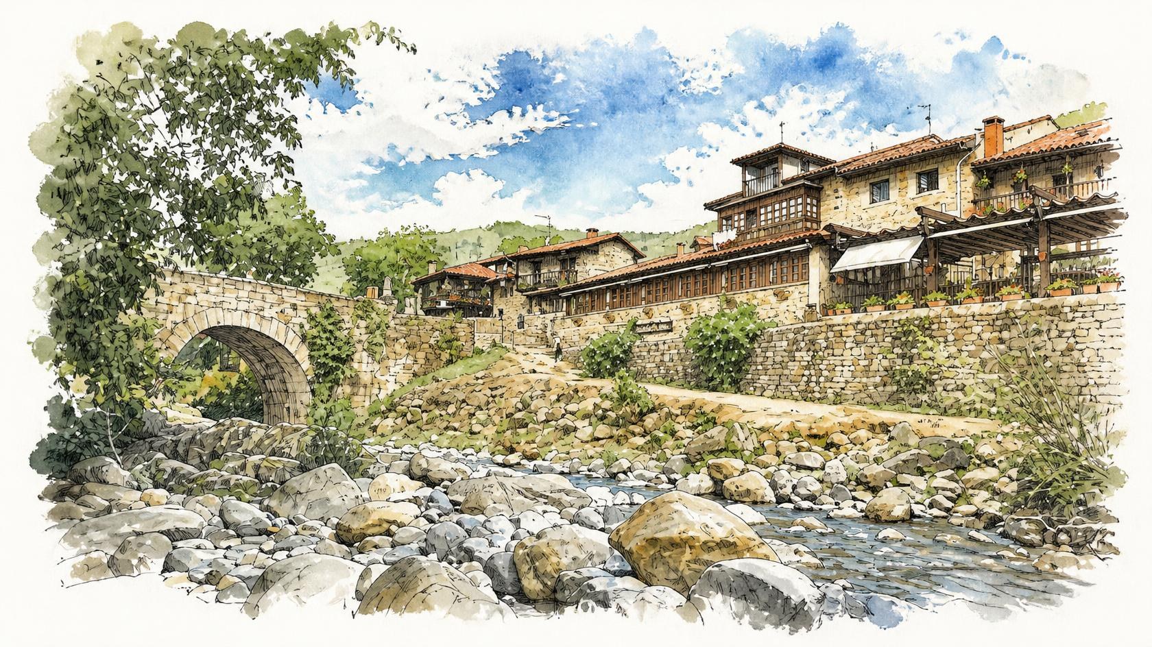 Dibujo a tinta y acuarela de Bárcena Mayor: el puente de piedra, las casas con balcones de madera y el río